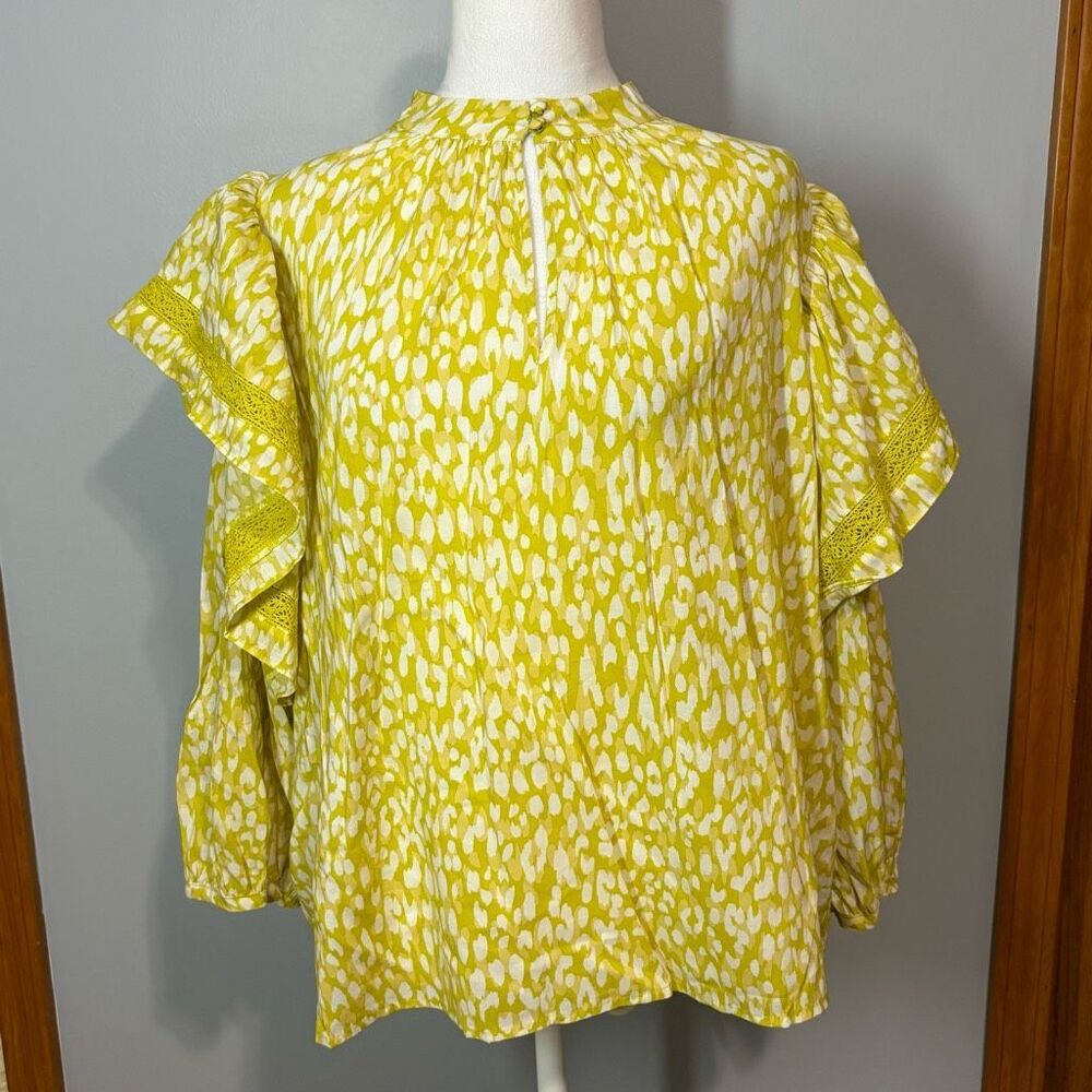Who What Wear ruffle balloon long sleeve bright green white blouse size L NEW